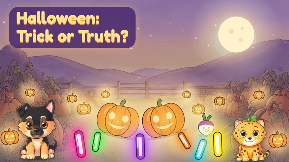 Sparks and Cheety in a glowing pumpkin patch at night